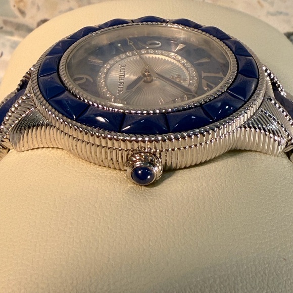 Judith Ripka Blue Enamel Watch Silver Tone CZ Crystal JR Logo Link Bracelet - Picture 3 of 6